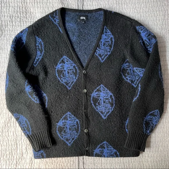 トップス stussy cardigan Stüssy Black & Off-White Stripe Cardigan Stussy